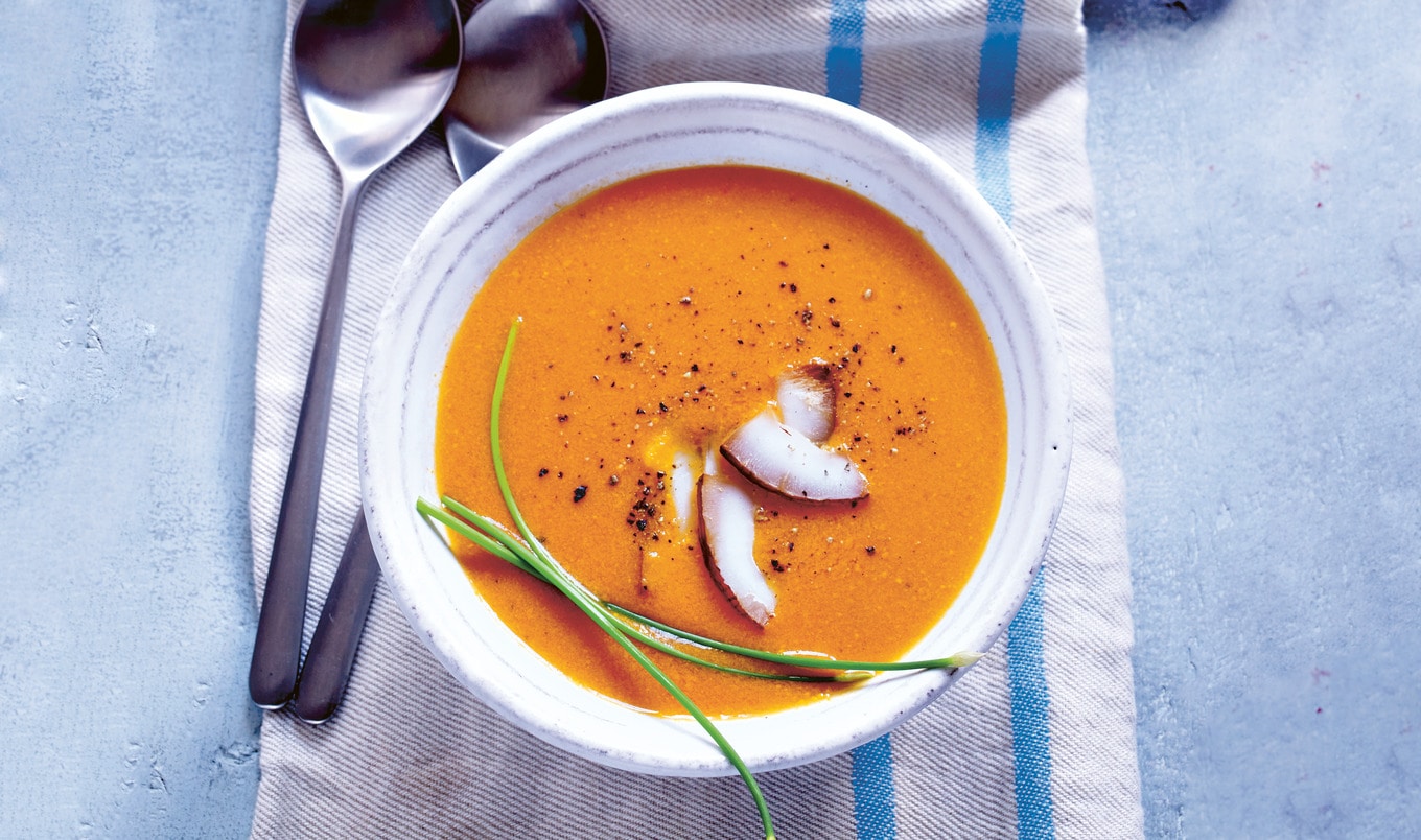 Silky Vegan Coconut Tomato Soup With Charred Garlic Toast