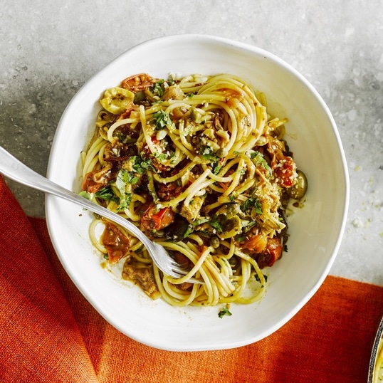 Meaty Vegan Jackfruit Pasta With Olives and Capers