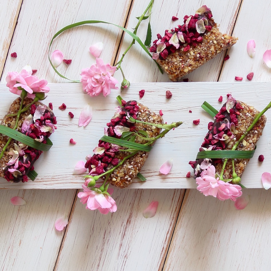 Vegan Chocolate-Dipped Raspberry Rose Oat Bars