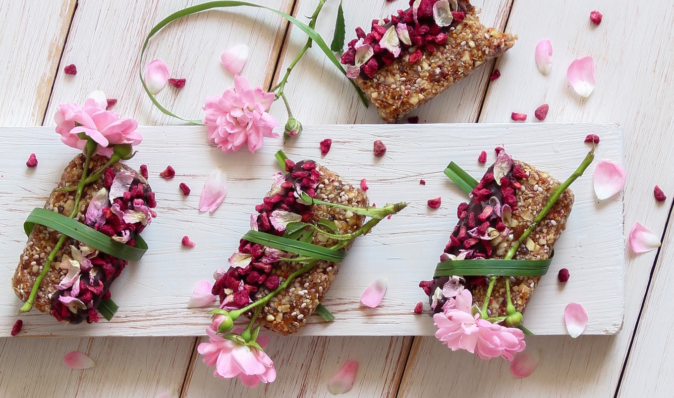 Chocolate-Dipped Raspberry Rose Oat Bars