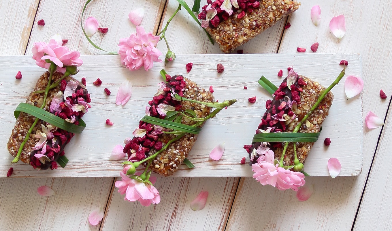 Vegan Chocolate-Dipped Raspberry Rose Oat Bars