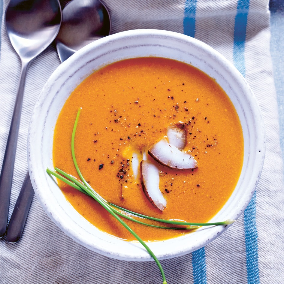 Silky Vegan Coconut Tomato Soup With Charred Garlic Toast