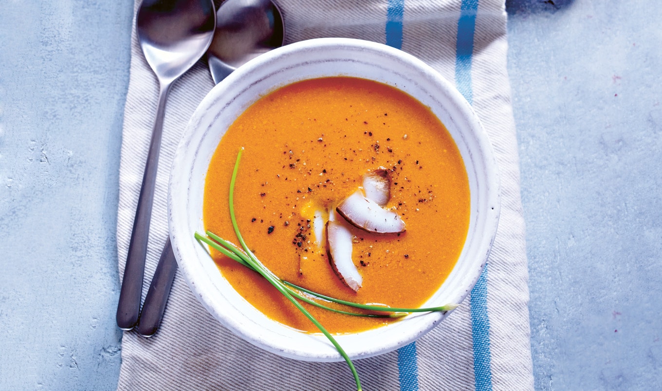 Silky Vegan Coconut Tomato Soup With Charred Garlic Toast