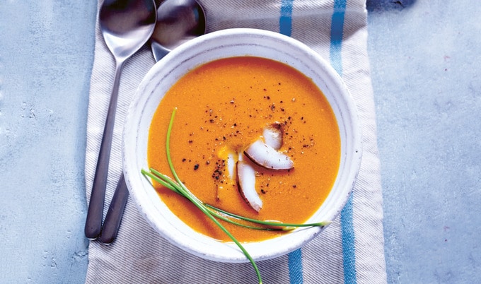 Silky Coconut-Tomato Soup with Charred Garlic Toast
