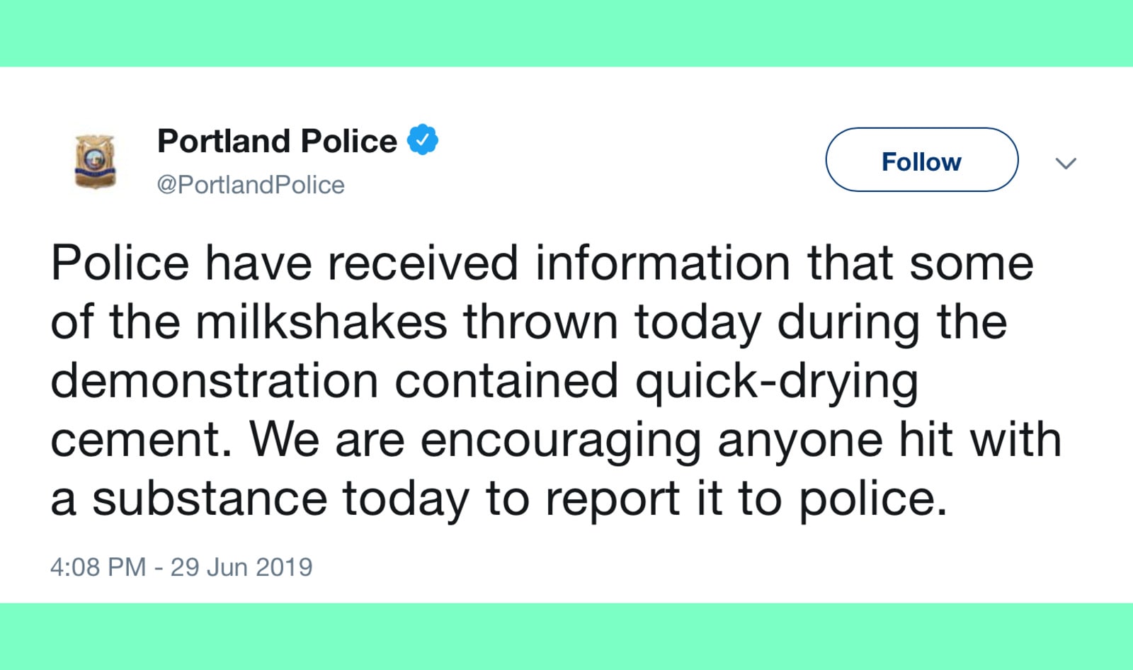 Portland Police Creates Panic by Claiming Vegan Milkshakes Contain Cement&nbsp;