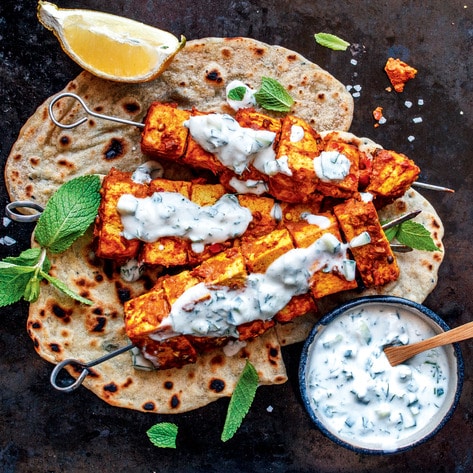 Vegan Tandoori Tofu Skewers With Yogurt Sauce