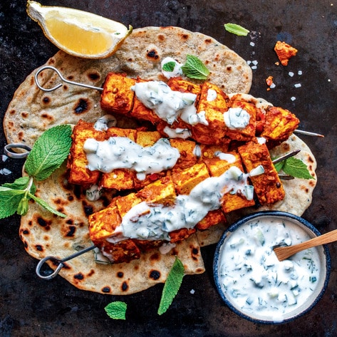 Vegan Tandoori Tofu Skewers with Yogurt Sauce