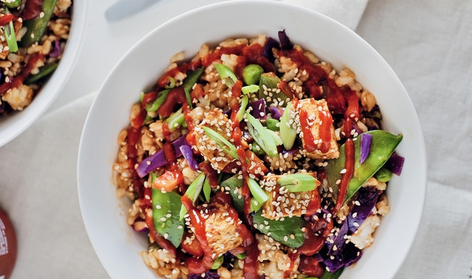 Vegan Fried Rice Bowls with Baked Tofu