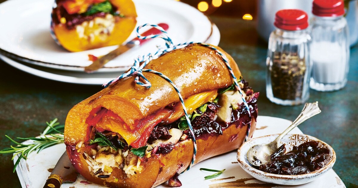 Stuffed Squash Vegan Roast With Cranberry-Orange Sauce | VegNews