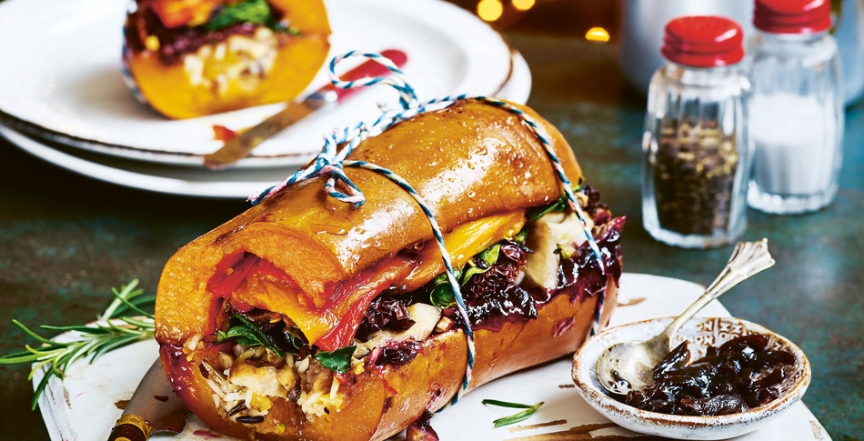 Vegan Stuffed Squash Roast with&nbsp;Cranberry-Orange Sauce