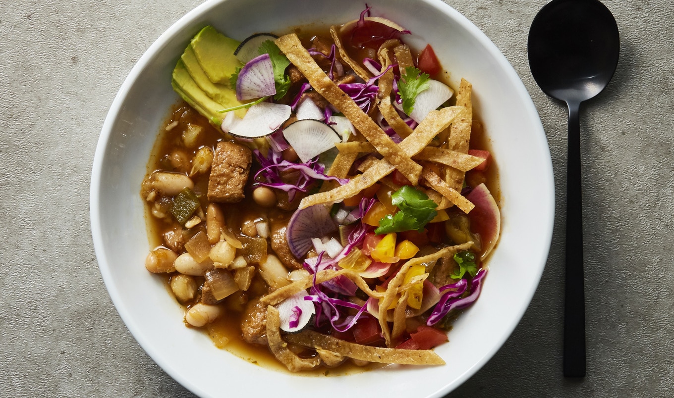 Plant-Based White Bean and Seitan Pozole Verde