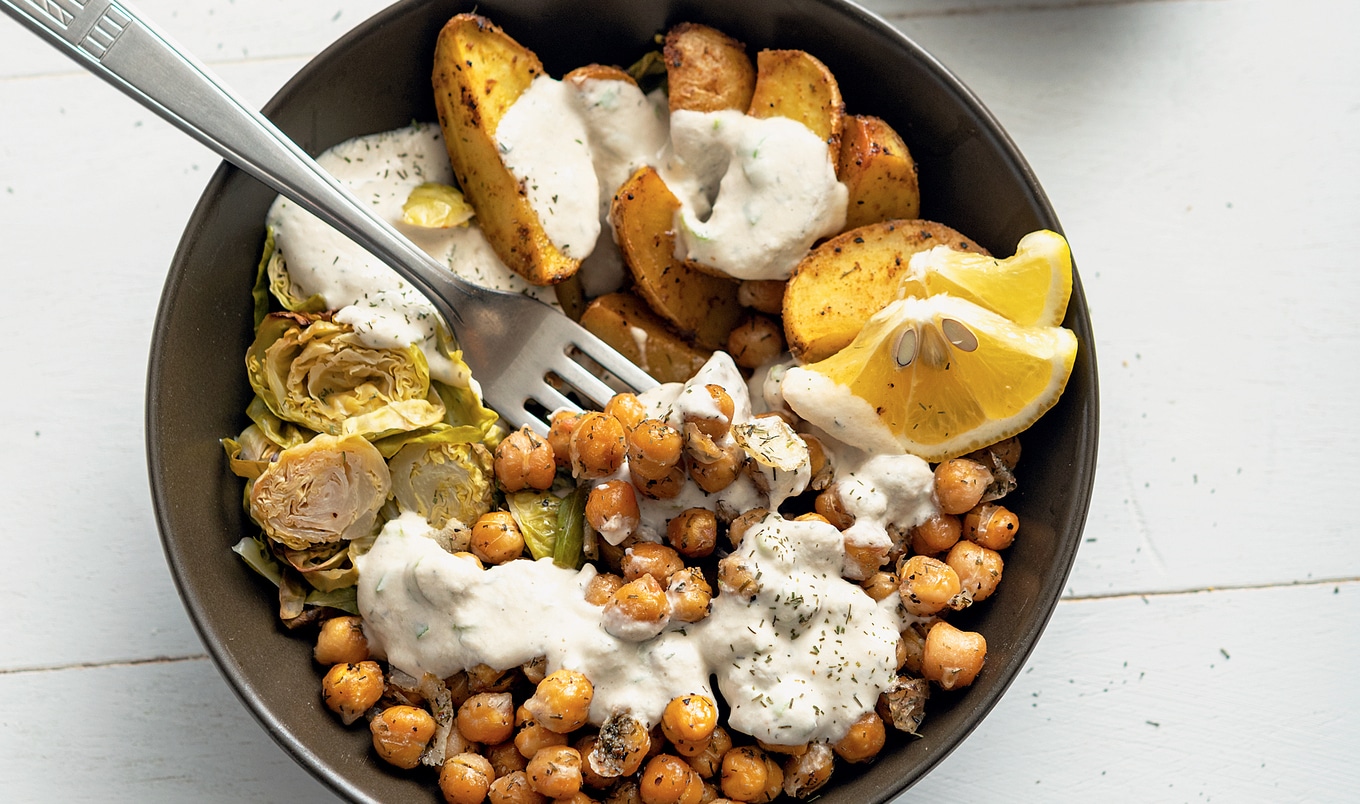 Vegan Dill-Roasted Chickpea and Lemony Potato Buddha Bowls