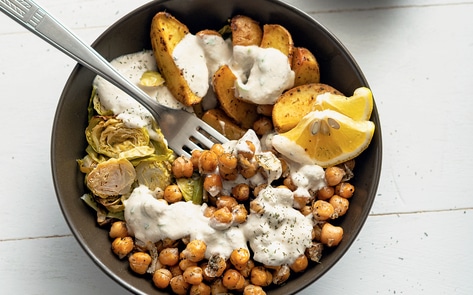 Vegan Dill-Roasted Chickpea and Lemony Potato Buddha Bowls