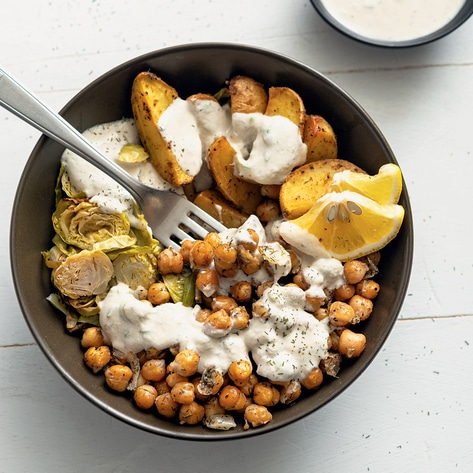 Vegan Dill-Roasted Chickpea and Lemony Potato Buddha Bowls