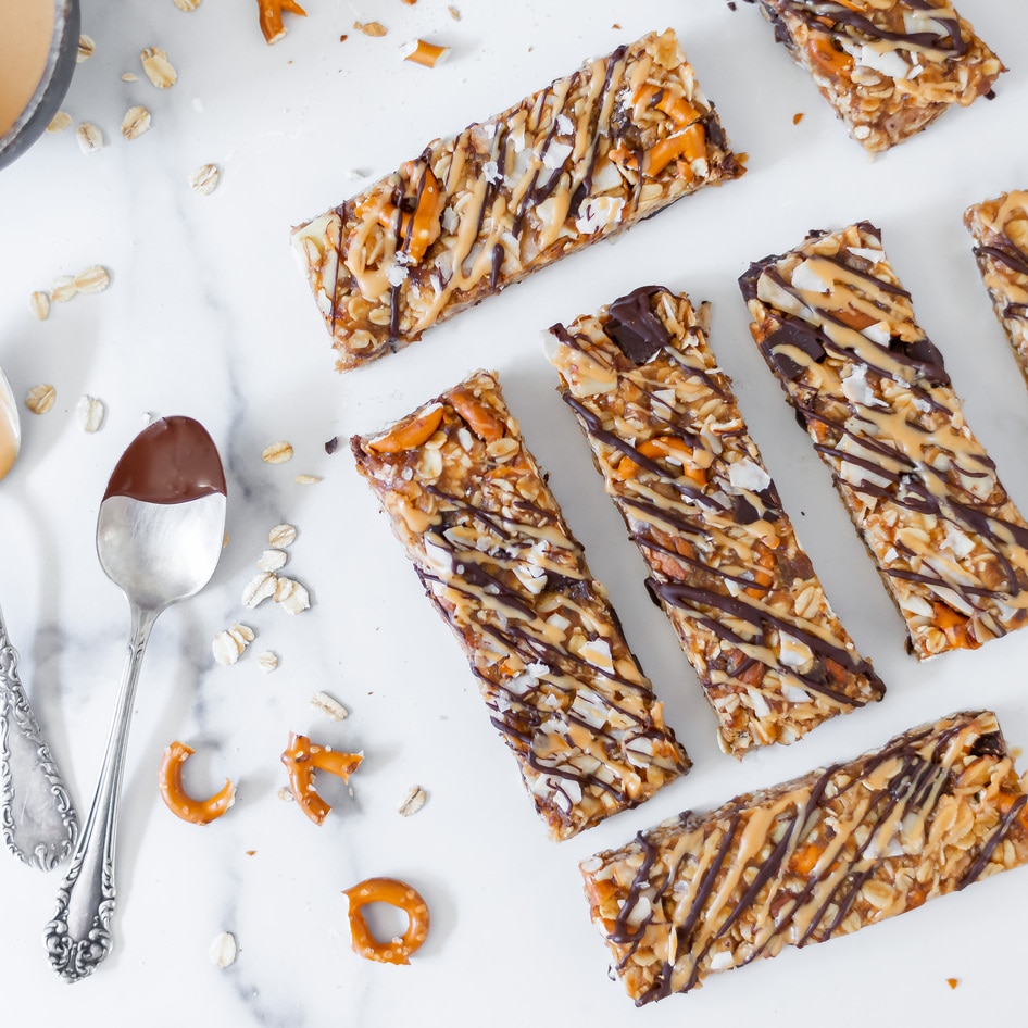 Vegan Chocolate Peanut Butter Granola Bars With Pretzels and Coconut