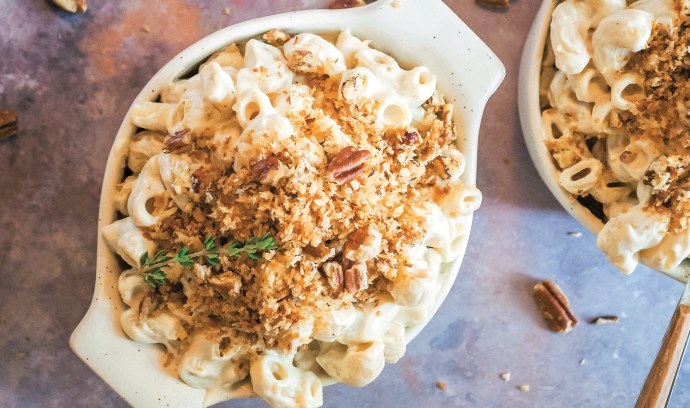 Baked Vegan White Mac and Cheese With Crispy Pecan Breadcrumbs