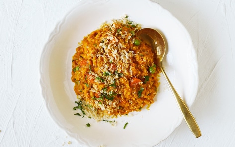 Vegan Carrot &amp; Pea Farro Risotto