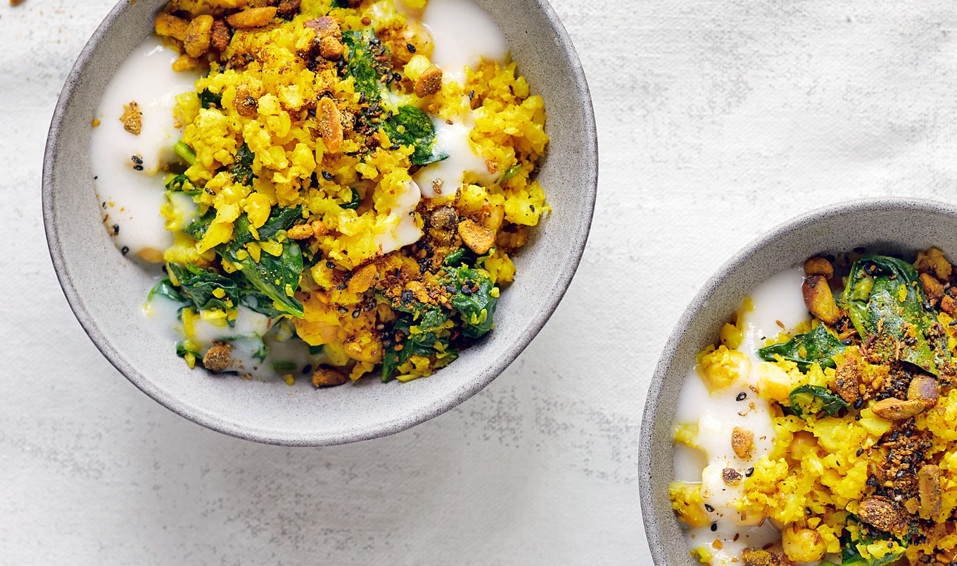 Riced Cauliflower Bowl With Chickpeas and Pistachio Dukkah