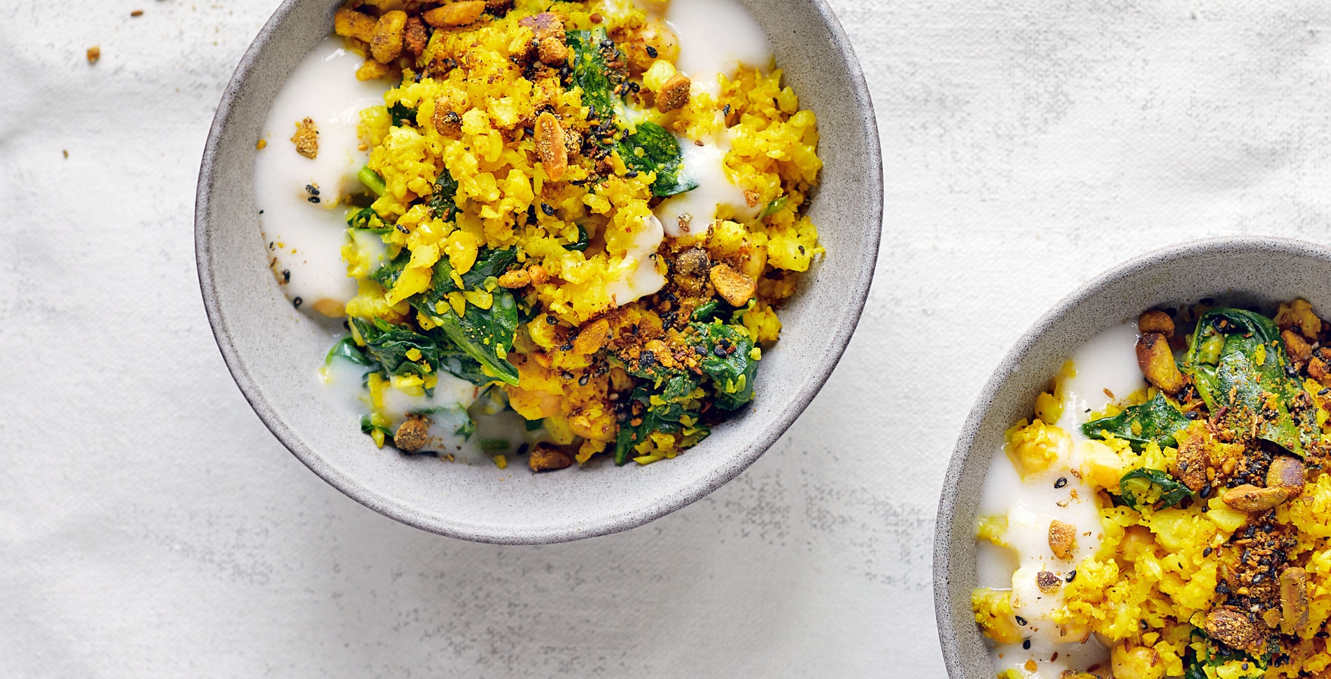 Riced Cauliflower Bowl With Chickpeas and Pistachio Dukkah