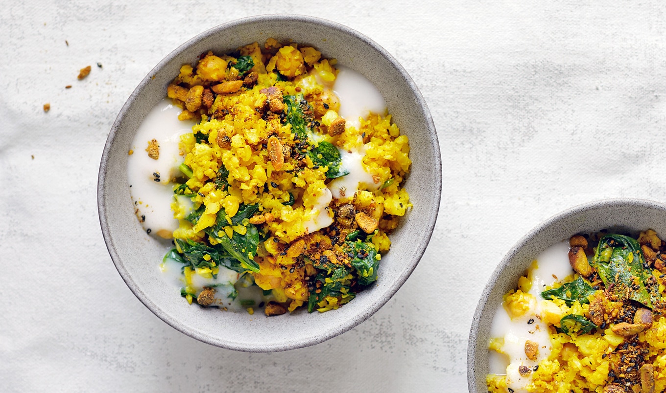 Vegan Riced Cauliflower Bowl With Chickpeas and Spiced Pistachio Dukkah