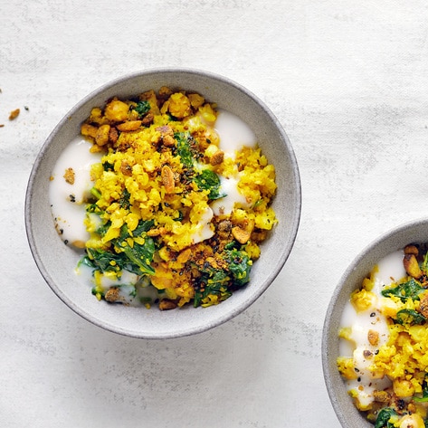 Vegan Riced Cauliflower Bowl With Chickpeas and Spiced Pistachio Dukkah