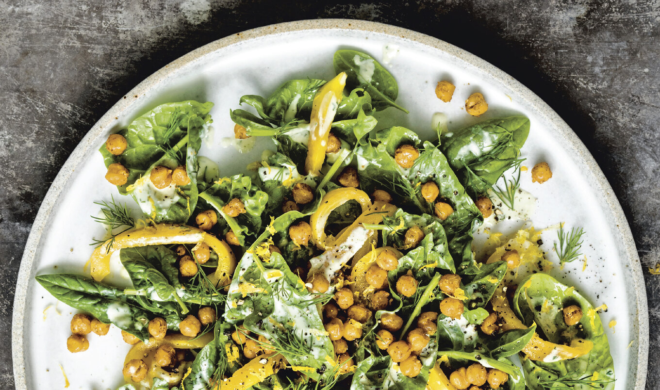 Creamy Lemony Spinach Salad With Blackened Chickpeas