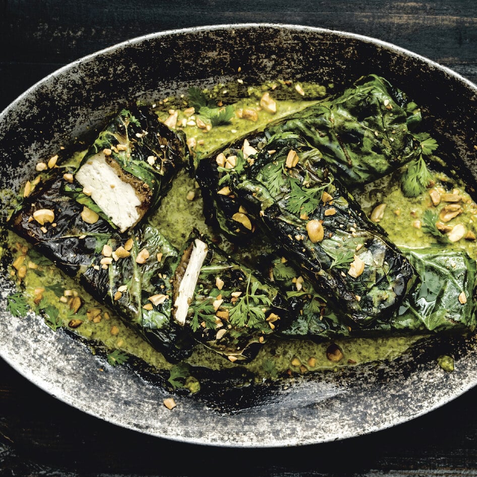 Vegan Jerk Tofu Wrapped in Collard Leaves