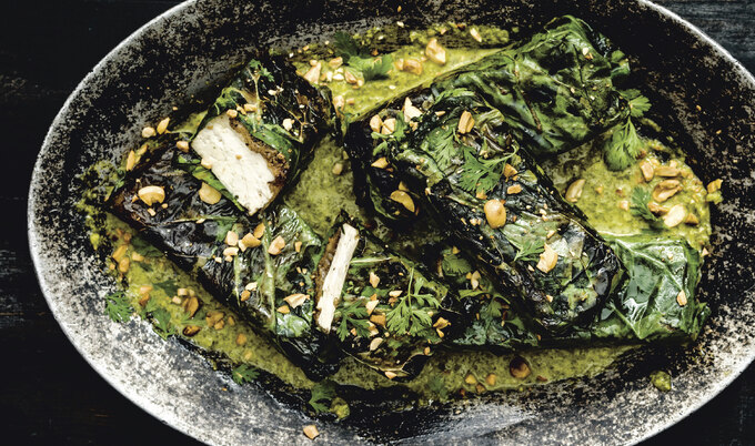 Vegan Jerk Tofu Wrapped in Collard Leaves