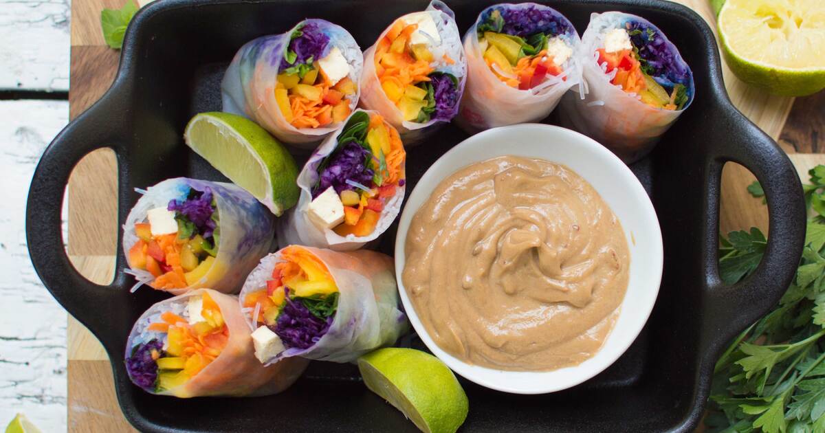 Fresh Rainbow Spring Rolls With Peanut Dipping Sauce | VegNews