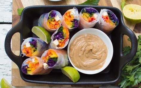 Vegan Rainbow Spring Rolls with Peanut Dipping Sauce