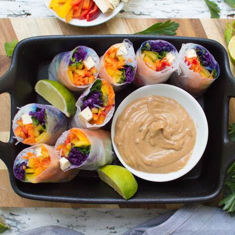 Vegan Rainbow Spring Rolls With Peanut Dipping Sauce