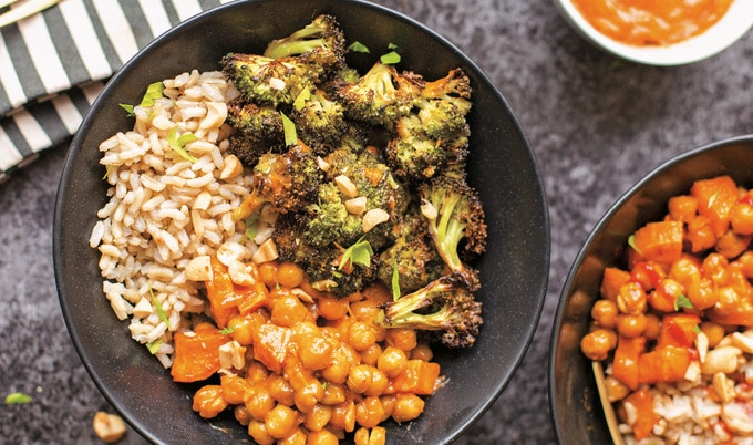 Roasted Chickpea and Root Vegetable Bowls with Peanut Sauce