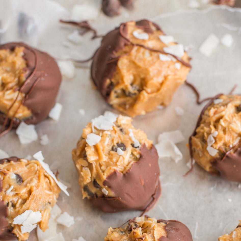 Chocolate-Dipped Peanut Butter Coconut Oat Bites