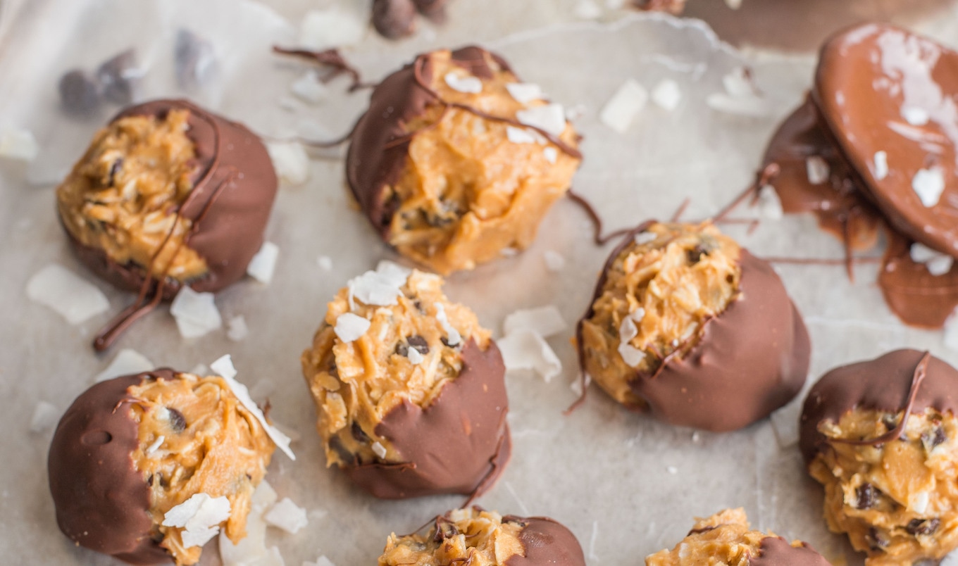 Chocolate-Dipped Peanut Butter Coconut Oat Bites