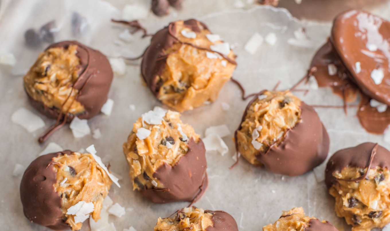 Vegan Chocolate-Dipped Peanut Butter Coconut Oat Bites