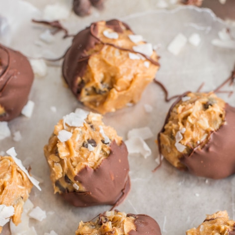 Vegan Chocolate-Dipped Peanut Butter Coconut Oat Bites