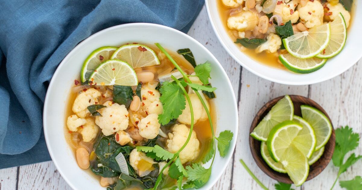 Zesty Cauliflower Lime and White Bean Soup | VegNews