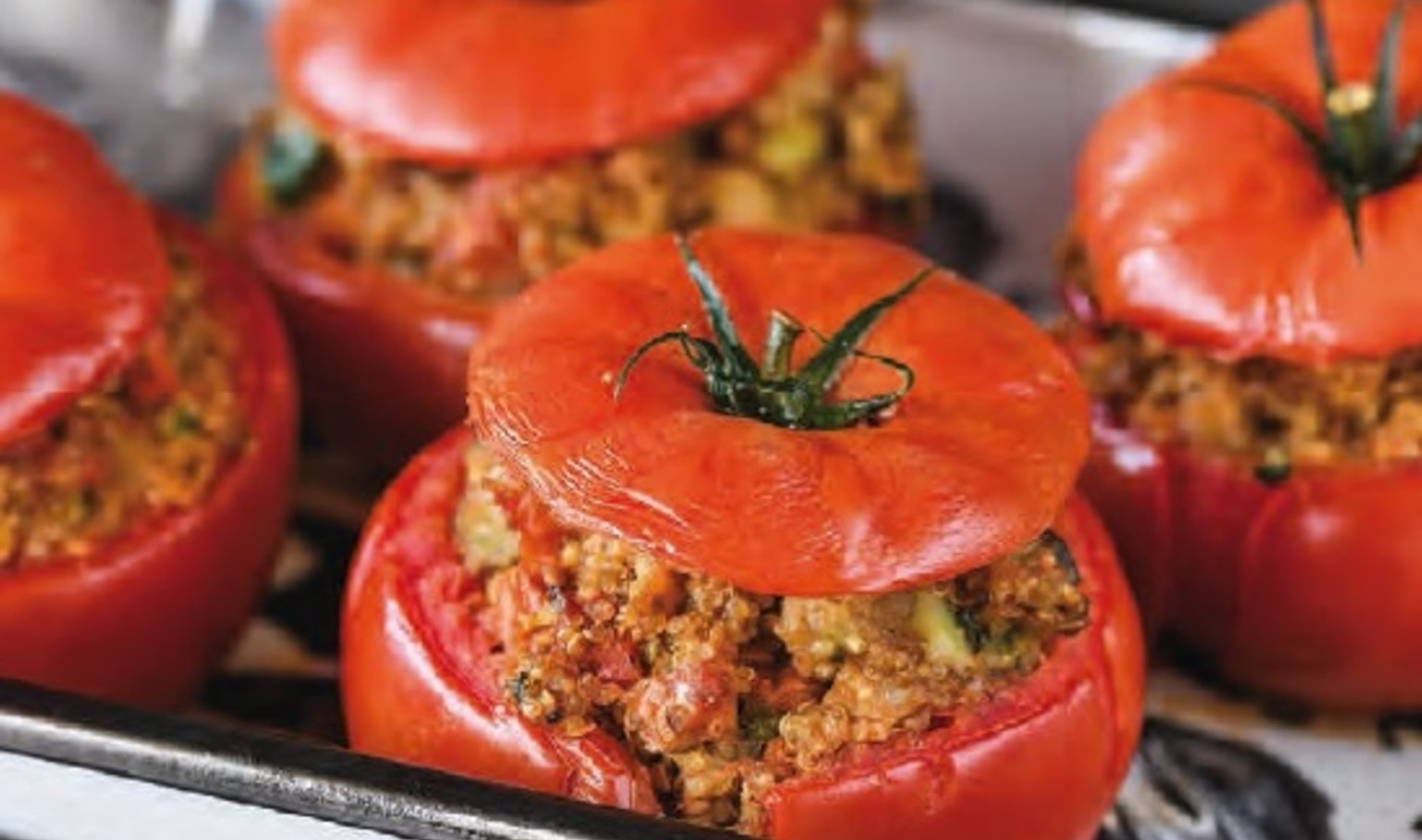 Vegan Pesto Stuffed Tomatoes with Seasonal Vegetables&nbsp;