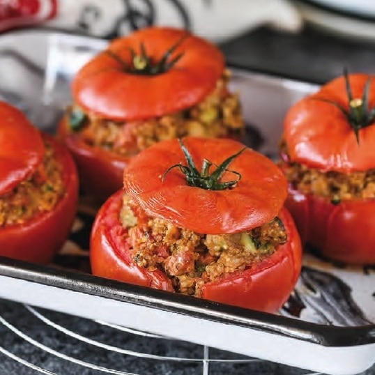 Vegan Pesto-Stuffed Tomatoes With Seasonal Vegetables&nbsp;