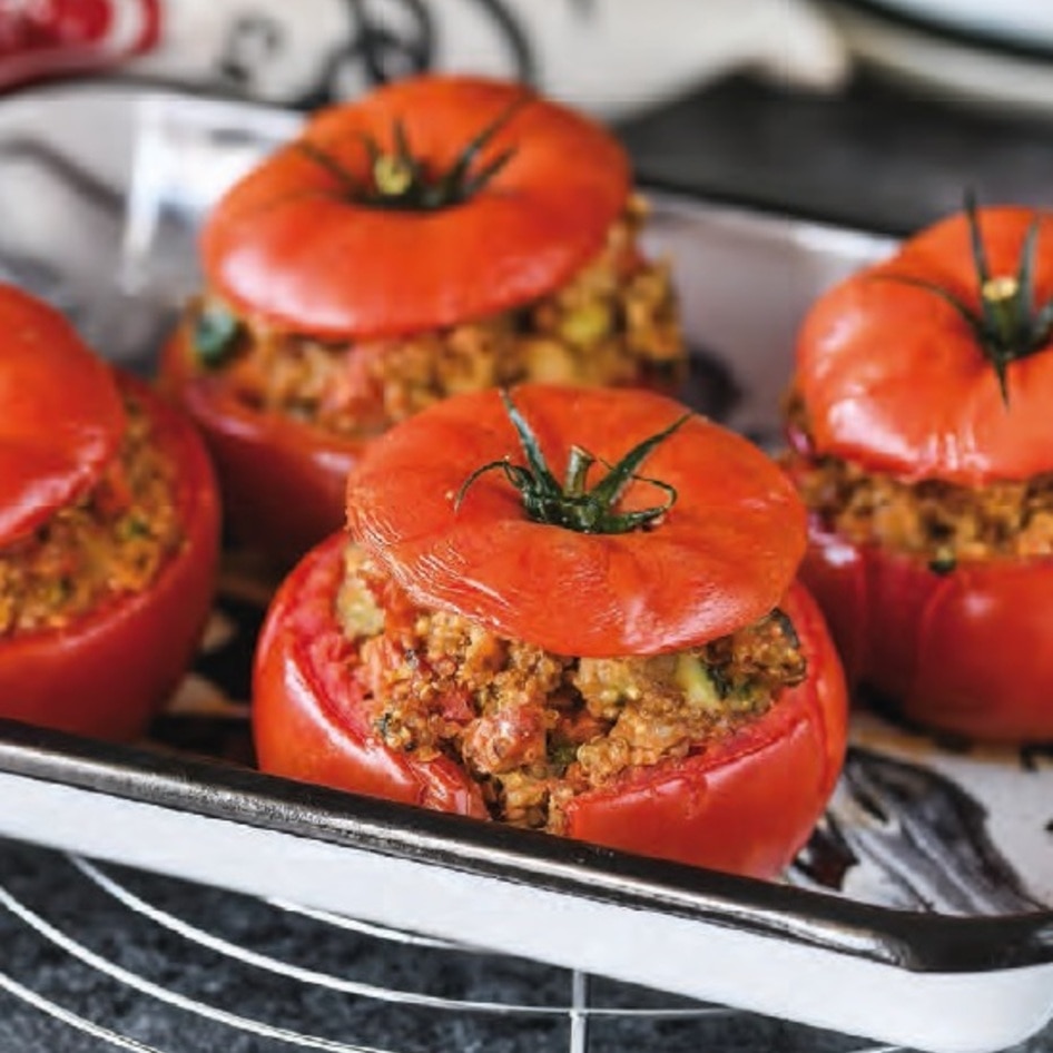 Vegan Pesto-Stuffed Tomatoes With Seasonal Vegetables 