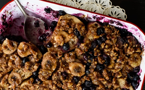 Vegan Buttery Blueberry-Banana and Praline French Toast Casserole