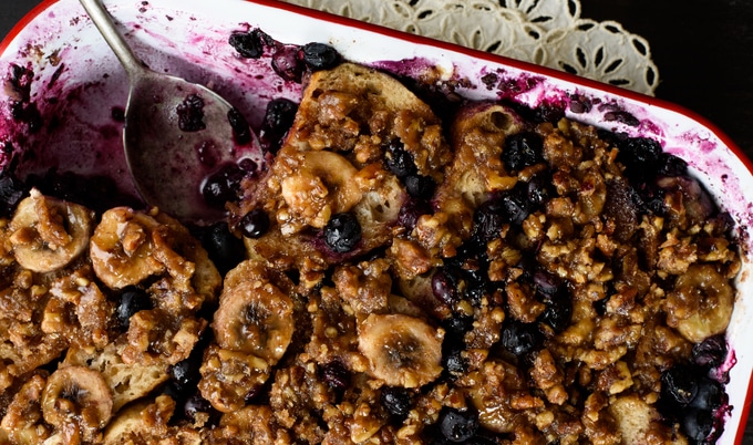 Vegan Blueberry-Banana and Praline French Toast Casserole