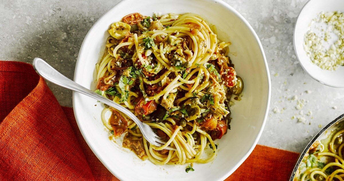 Meaty Vegan Jackfruit Pasta With Olives and Capers | VegNews