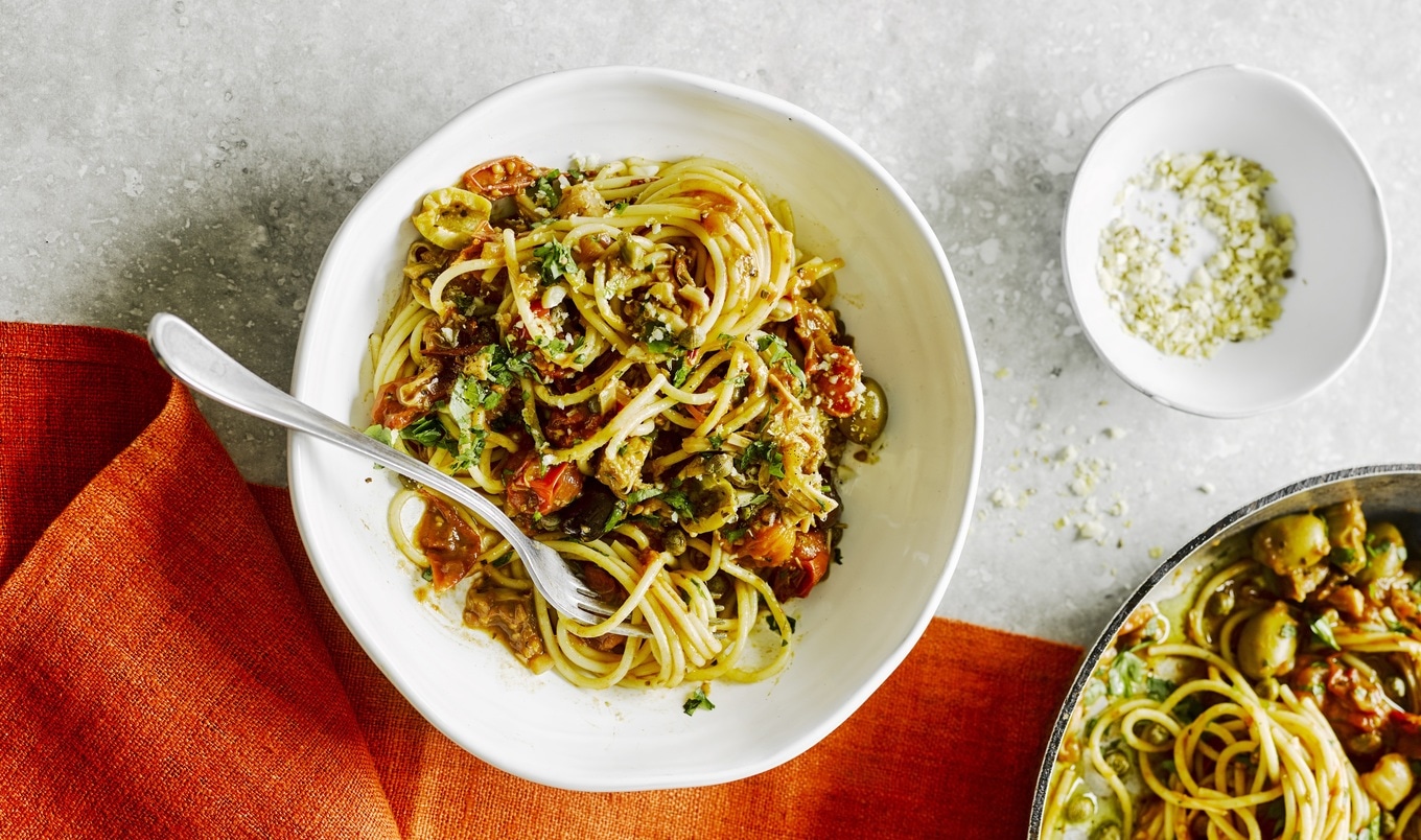 Meaty Vegan Jackfruit Pasta With Olives and Capers