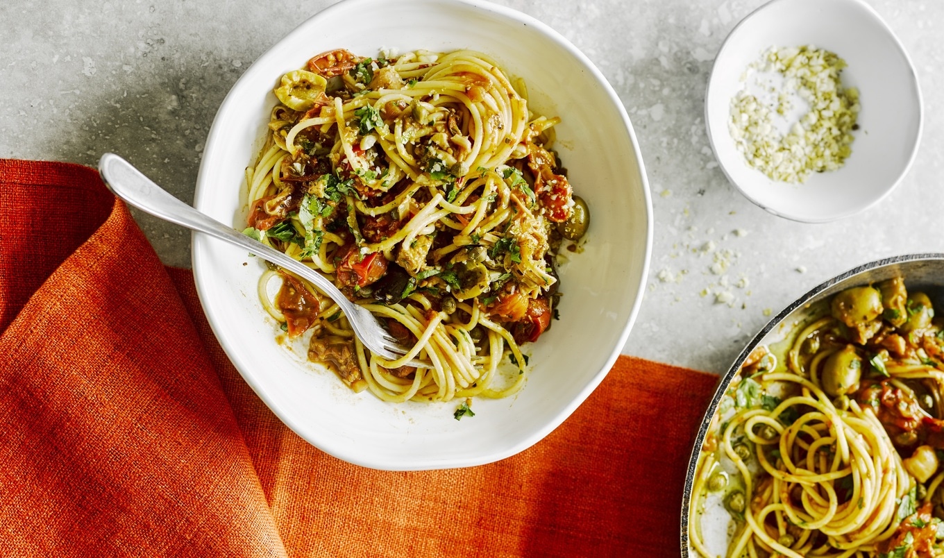 Meaty Vegan Jackfruit Pasta with Olives and Capers