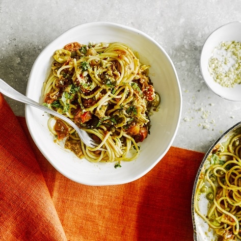 Meaty Vegan Jackfruit Pasta With Olives and Capers