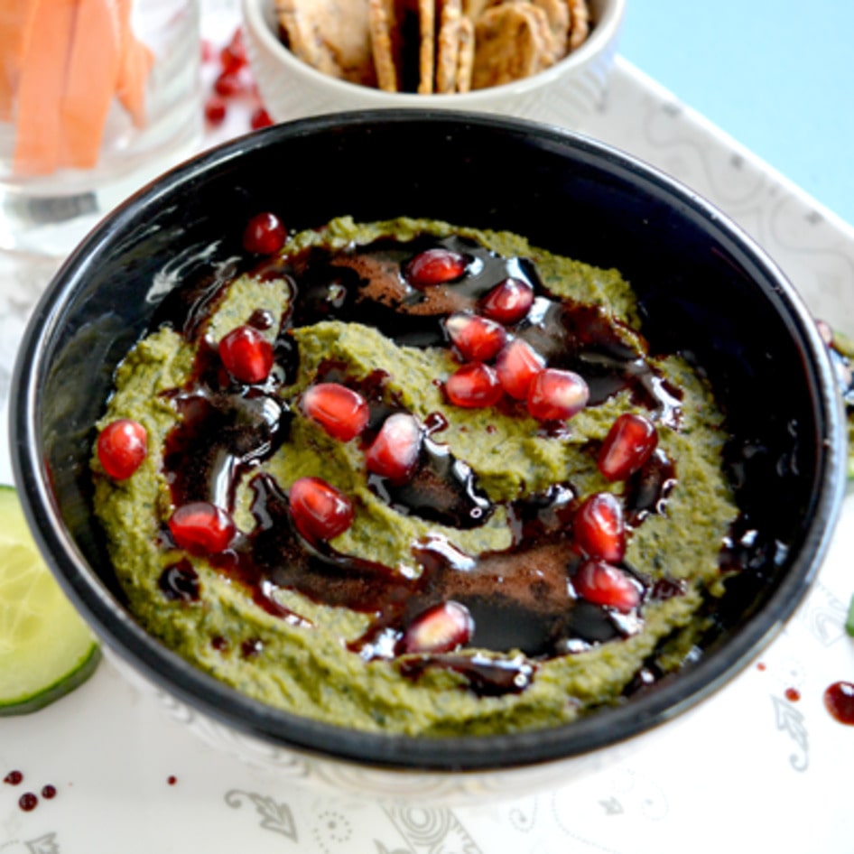 Pesto Hummus With Pomegranate Drizzle