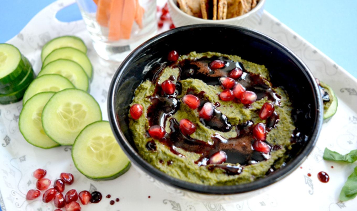 Pesto Hummus With Pomegranate Drizzle