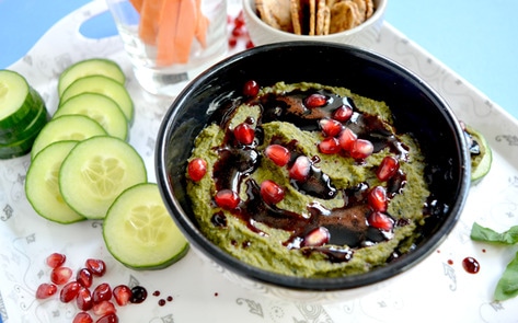 Pesto Hummus with Pomegranate Drizzle