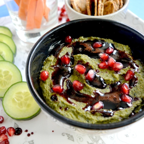 Pesto Hummus with Pomegranate Drizzle